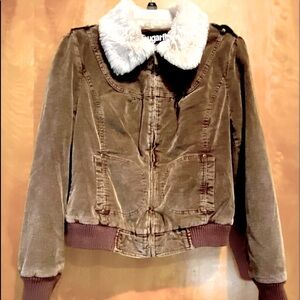 90’S VINTAGE~SUGARFLY BROWN CORDUROY JACKET- FAUX FUR OFF WHITE COLLAR~TRULY 90S
